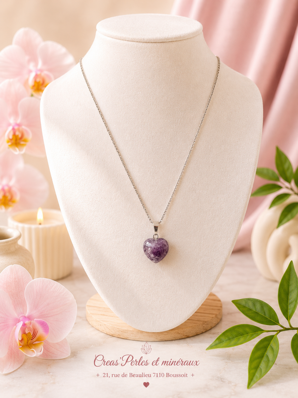 Pendentif coeur 15mm Améthyste Brésil A + chaine en acier inoxydable