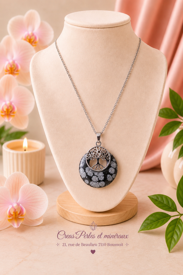 Pendentif arbre complet médaille obsidienne neige + chaîne en acier inoxydable