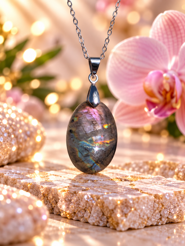 Pendentif en labradorite spectrolite sur chaîne en acier inoxydable N°6