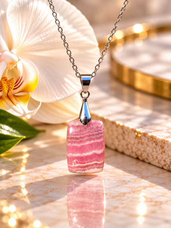 Pendentif en rhodochrosite sur chaîne en acier inoxydable n°5