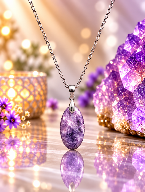 Pendentif en charoïte AA sur chaîne en acier inoxydable n°14