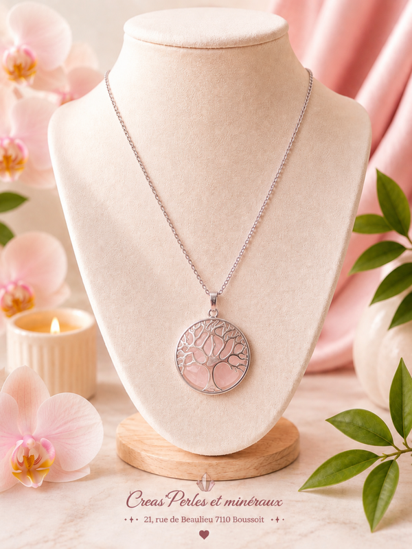 Pendentif arbre complet quartz rose + chaîne en acier inoxydable