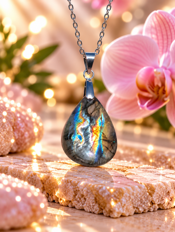 Pendentif en labradorite spectrolite sur chaîne en acier inoxydable N°13