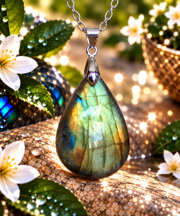 Pendentif en labradorite sur chaîne en acier inoxydable N°24