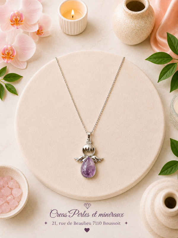 Pendentif ange 30mm améthyste A + chaîne en acier inoxydable