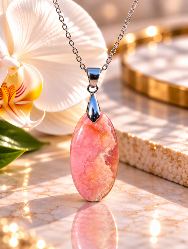 Pendentif en rhodochrosite sur chaîne en acier inoxydable n°8