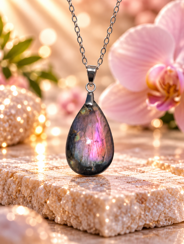Pendentif en labradorite spectrolite sur chaîne en acier inoxydable N°3