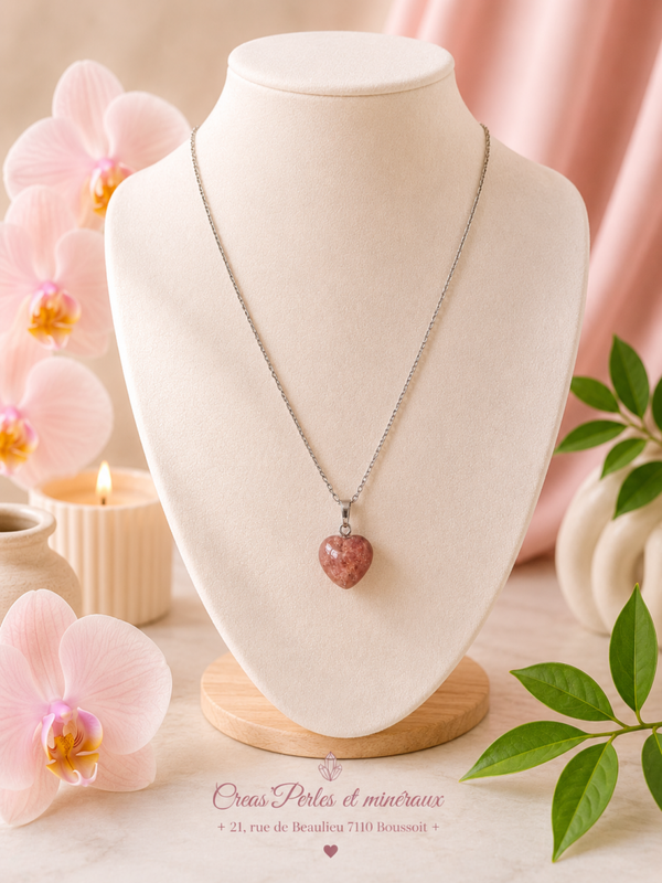 Pendentif coeur 15mm quartz fraise A+ + chaine en acier inoxydable