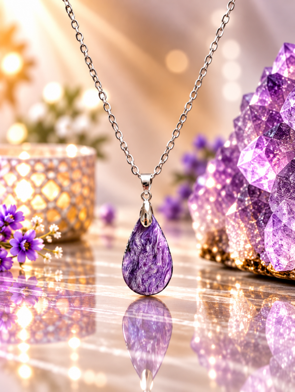 Pendentif en charoïte AA sur chaîne en acier inoxydable n°10