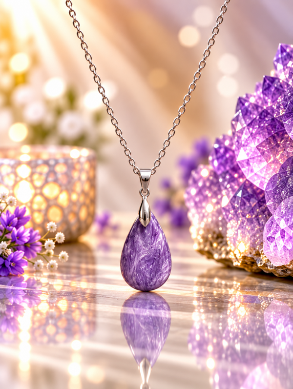Pendentif en charoïte AA sur chaîne en acier inoxydable n°12