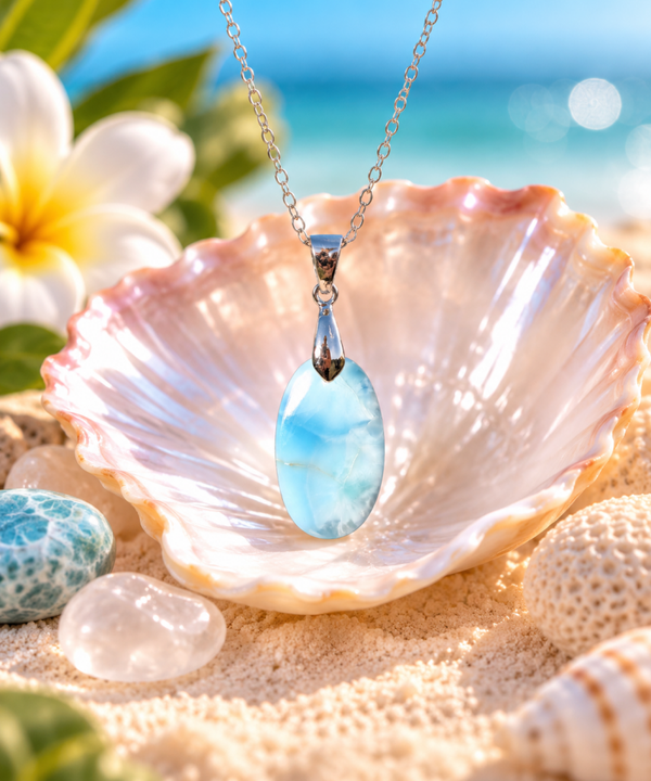 Pendentif en larimar sur chaîne en acier inoxydable N°11