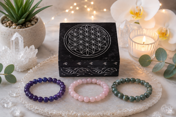 Boîte à bijoux de purification et rechargement en saponite fleur de vie rectangle