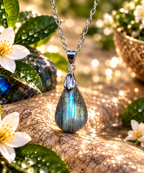 Pendentif en labradorite sur chaîne en acier inoxydable N°10