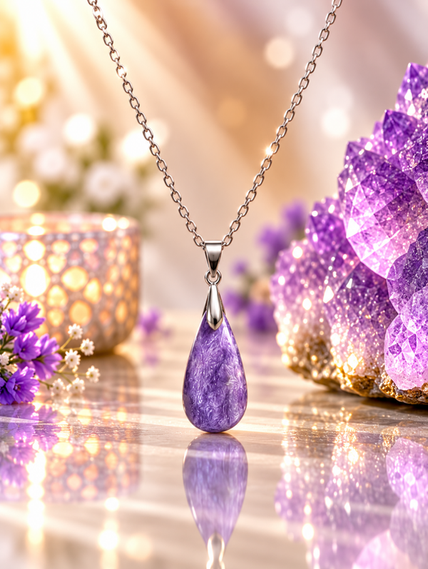 Pendentif en charoïte AA sur chaîne en acier inoxydable n°7