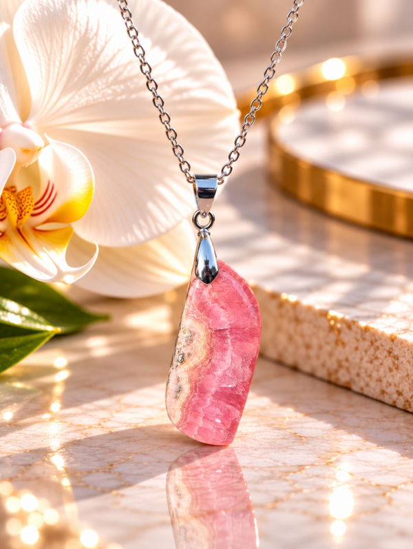 Pendentif en rhodochrosite sur chaîne en acier inoxydable n°7