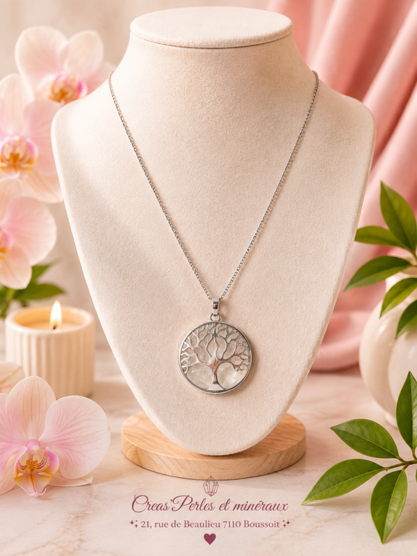 Pendentif arbre complet cristal de roche + chaîne en acier inoxydable
