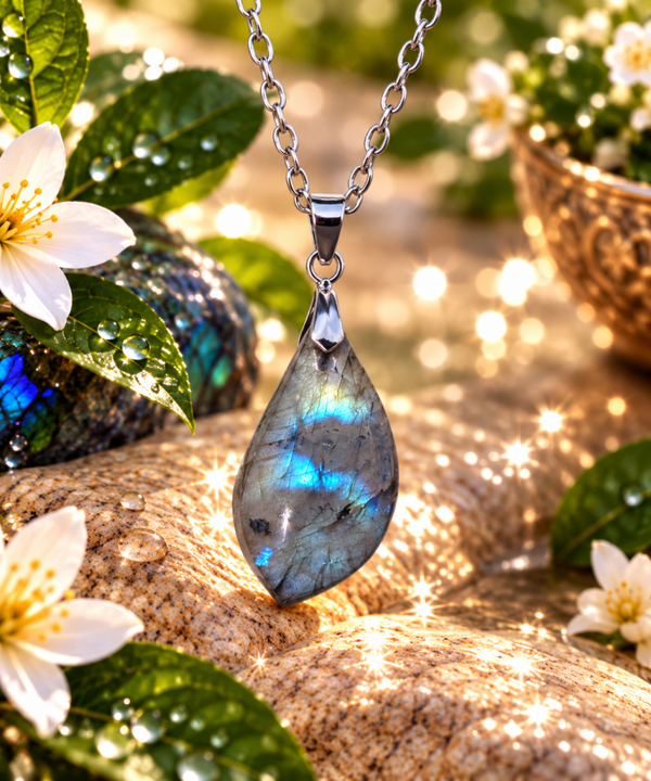 Pendentif en labradorite sur chaîne en acier inoxydable N°11
