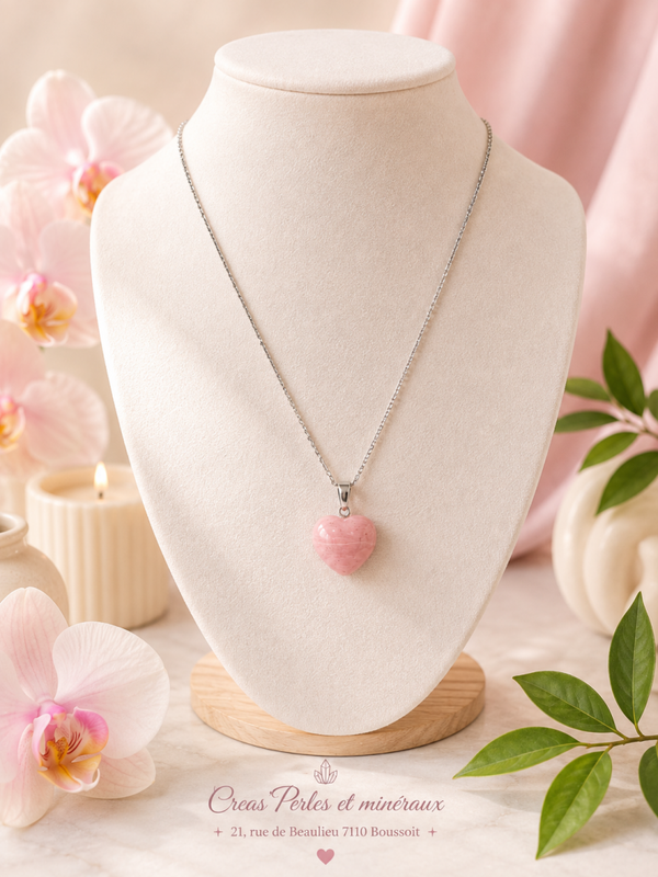 Pendentif coeur 15mm rhodonite rose À + chaine en acier inoxydable