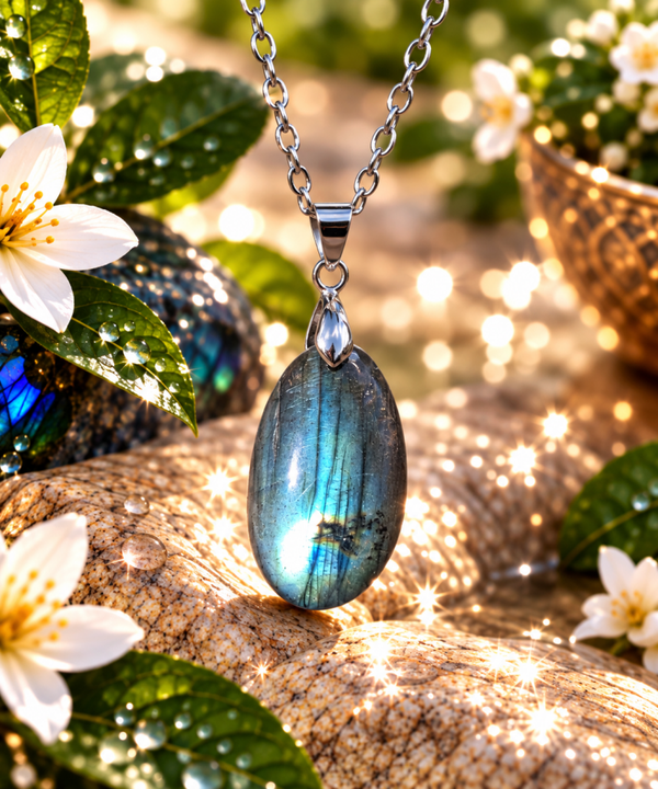 Pendentif en labradorite sur chaîne en acier inoxydable N°16