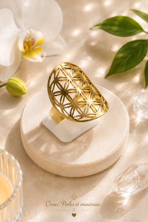 Bague réglable en acier inoxydable fleur de vie