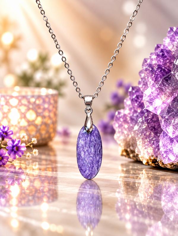 Pendentif en charoïte AA sur chaîne en acier inoxydable n°5