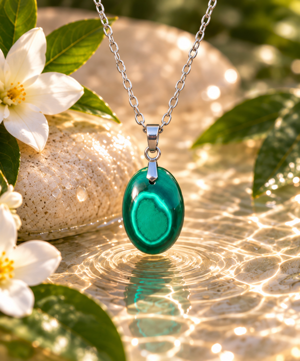 Pendentif Malachite AA sur chaîne en acier inoxydable N°1