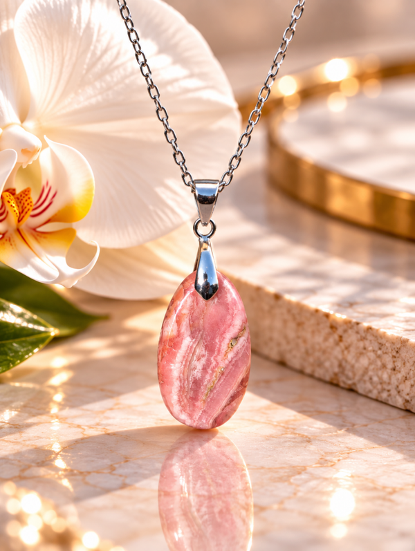 Pendentif en rhodochrosite sur chaîne en acier inoxydable n°4