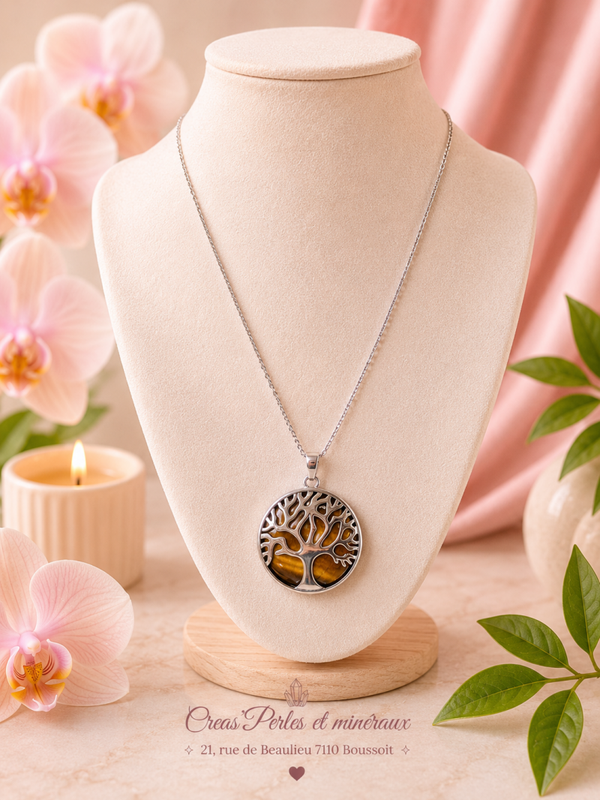Pendentif arbre complet œil de tigre + chaîne en acier inoxydable
