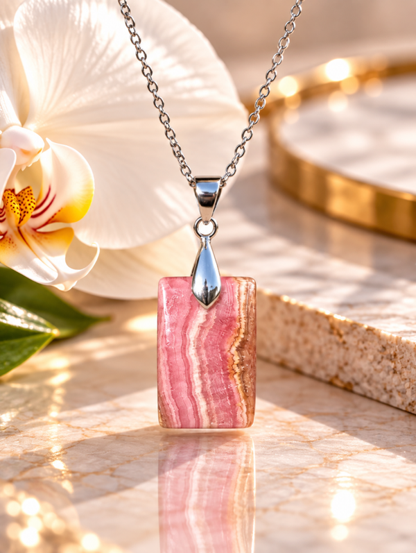 Pendentif en rhodochrosite sur chaîne en acier inoxydable n°2