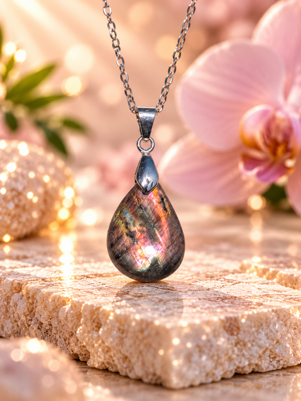 Pendentif en labradorite spectrolite sur chaîne en acier inoxydable N°2
