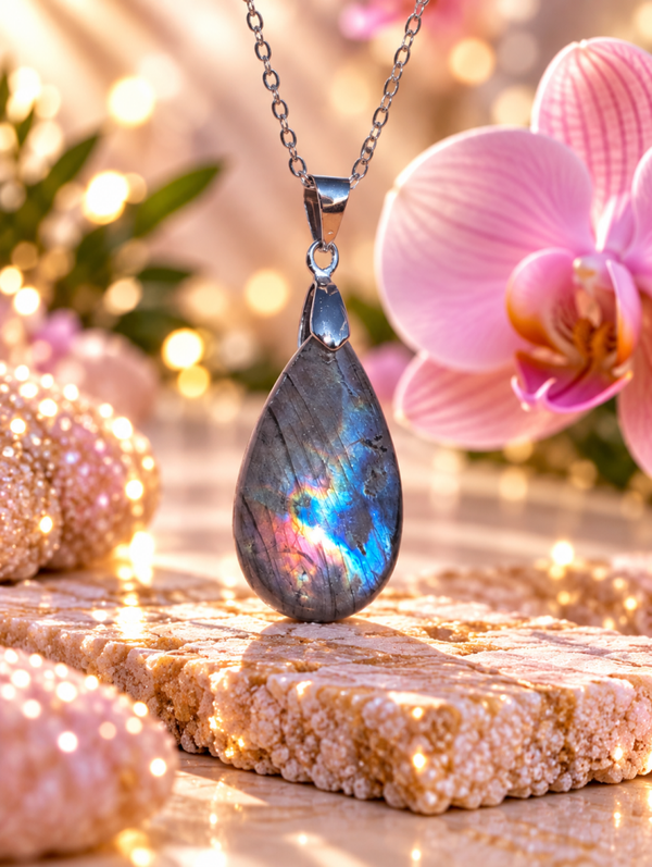 Pendentif en labradorite spectrolite sur chaîne en acier inoxydable N°11