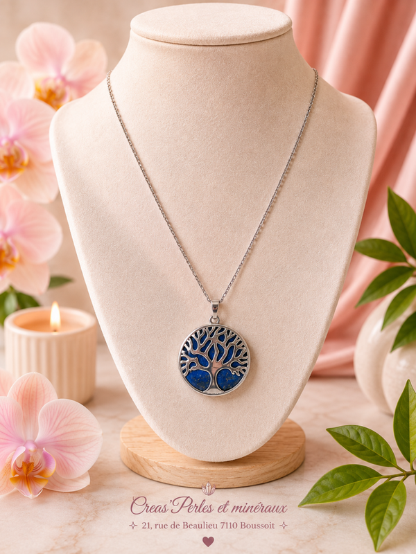 Pendentif arbre complet lapis lazuli + chaîne en acier inoxydable