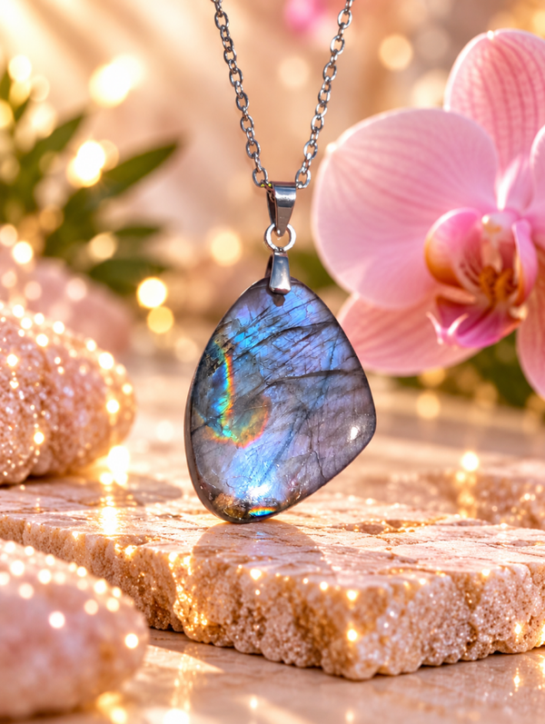 Pendentif en labradorite spectrolite sur chaîne en acier inoxydable N°5
