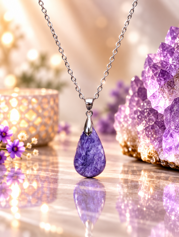 Pendentif en charoïte AA sur chaîne en acier inoxydable n°4