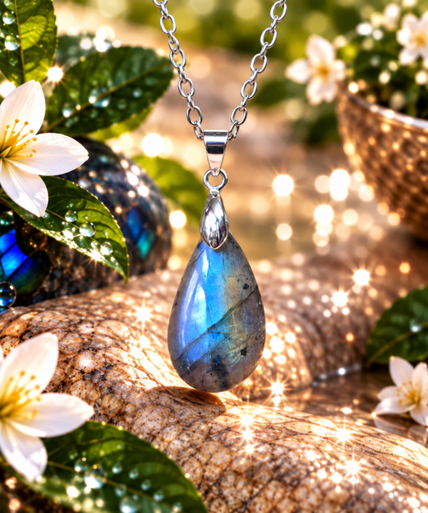 Pendentif en labradorite sur chaîne en acier inoxydable N°21