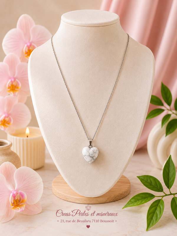Pendentif coeur 15mm howlite A + chaine en acier inoxydable