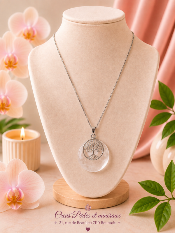 Pendentif arbre médaille cristal de roche + chaîne en acier inoxydable