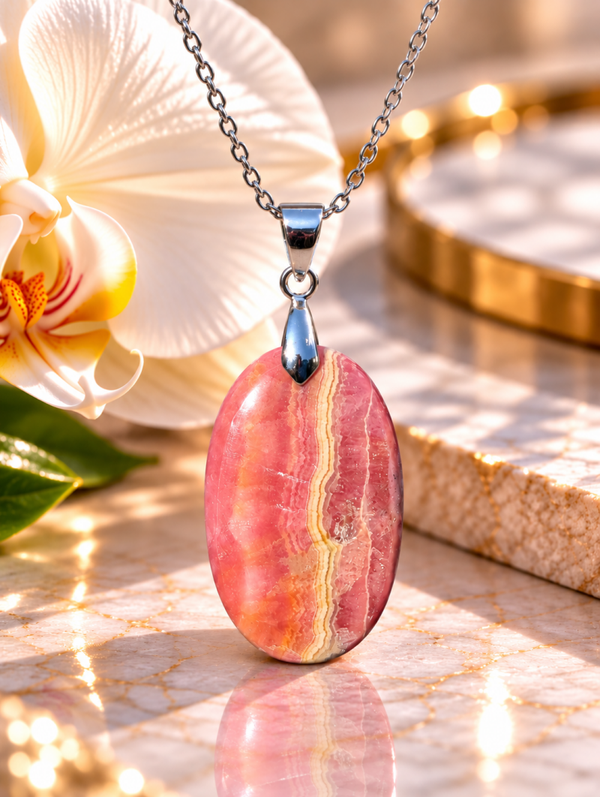 Pendentif en rhodochrosite sur chaîne en acier inoxydable n°10