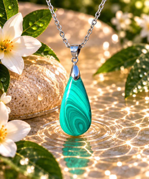 Pendentif Malachite AA sur chaîne en acier inoxydable N°6