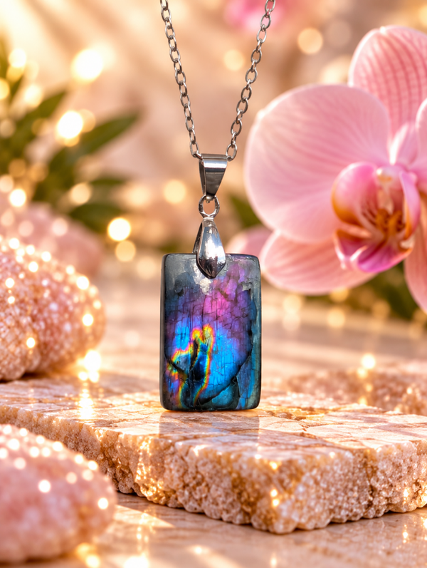 Pendentif en labradorite spectrolite sur chaîne en acier inoxydable N°4
