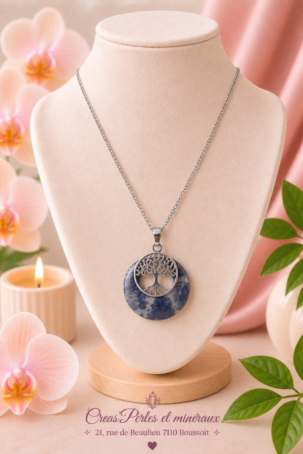 Pendentif arbre médaille sodalite + chaîne en acier inoxydable