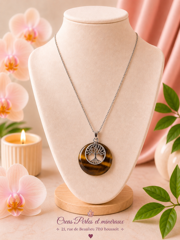 Pendentif arbre médaille œil de tigre + chaîne en acier inoxydable