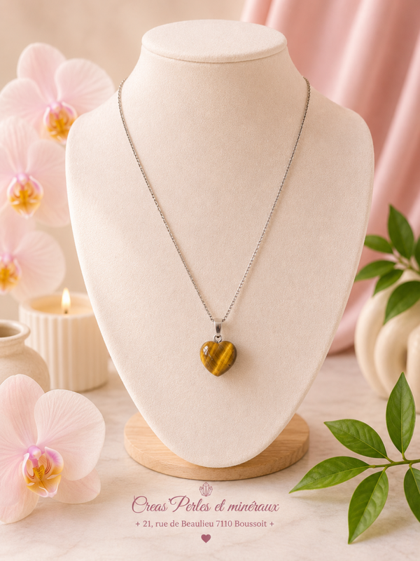 Pendentif coeur 15mm oeil de tigre A+ + chaine en acier inoxydable