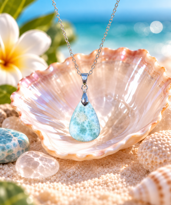 Pendentif en larimar sur chaîne en acier inoxydable N°12