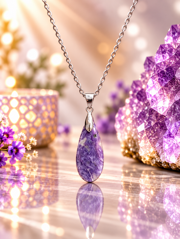 Pendentif en charoïte AA sur chaîne en acier inoxydable n°8