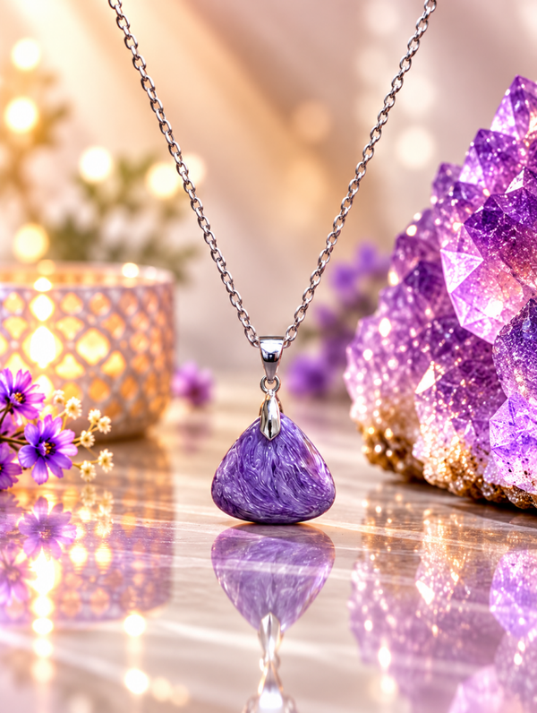 Pendentif en charoïte AA sur chaîne en acier inoxydable n°9