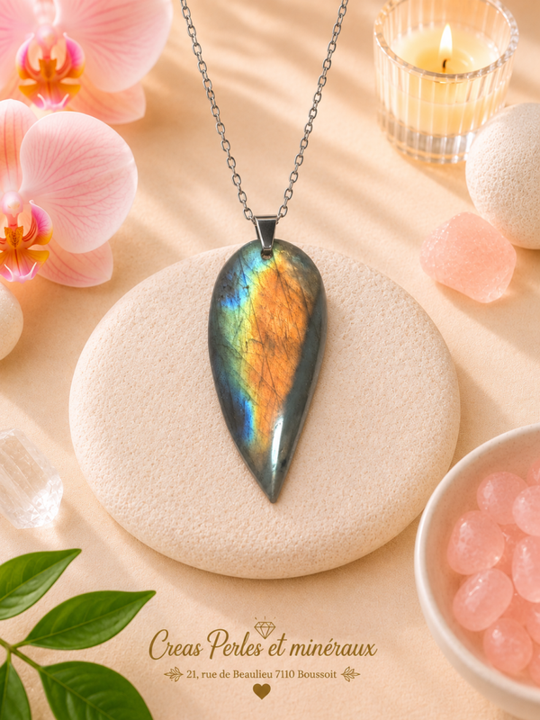 Pendentif en labradorite sur chaîne en acier inoxydable N°6