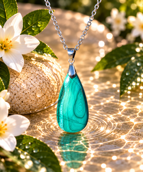 Pendentif Malachite AA sur chaîne en acier inoxydable N°7