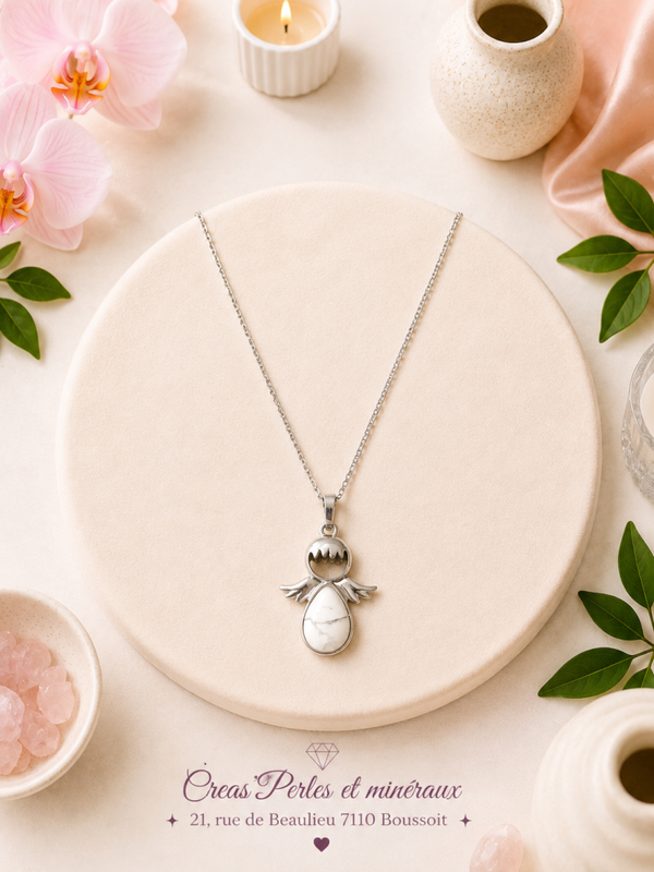 Pendentif ange 30mm howlite A + chaîne en acier inoxydable