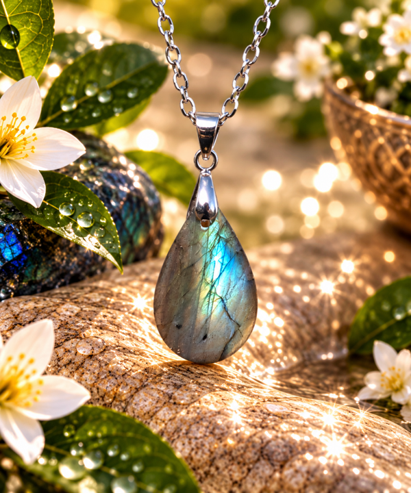 Pendentif en labradorite sur chaîne en acier inoxydable N°8